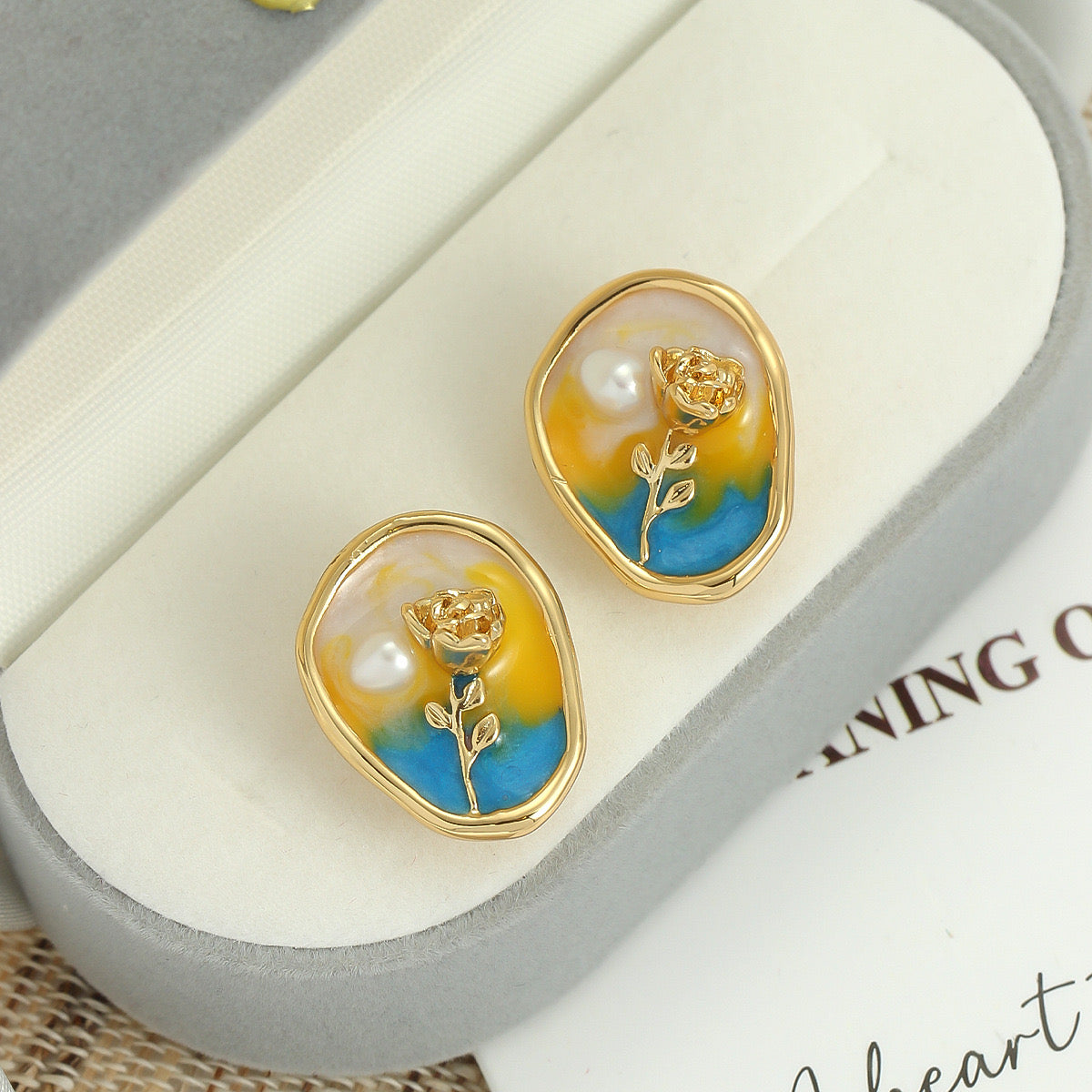 Vintage enamel flower stud earrings with oil painting